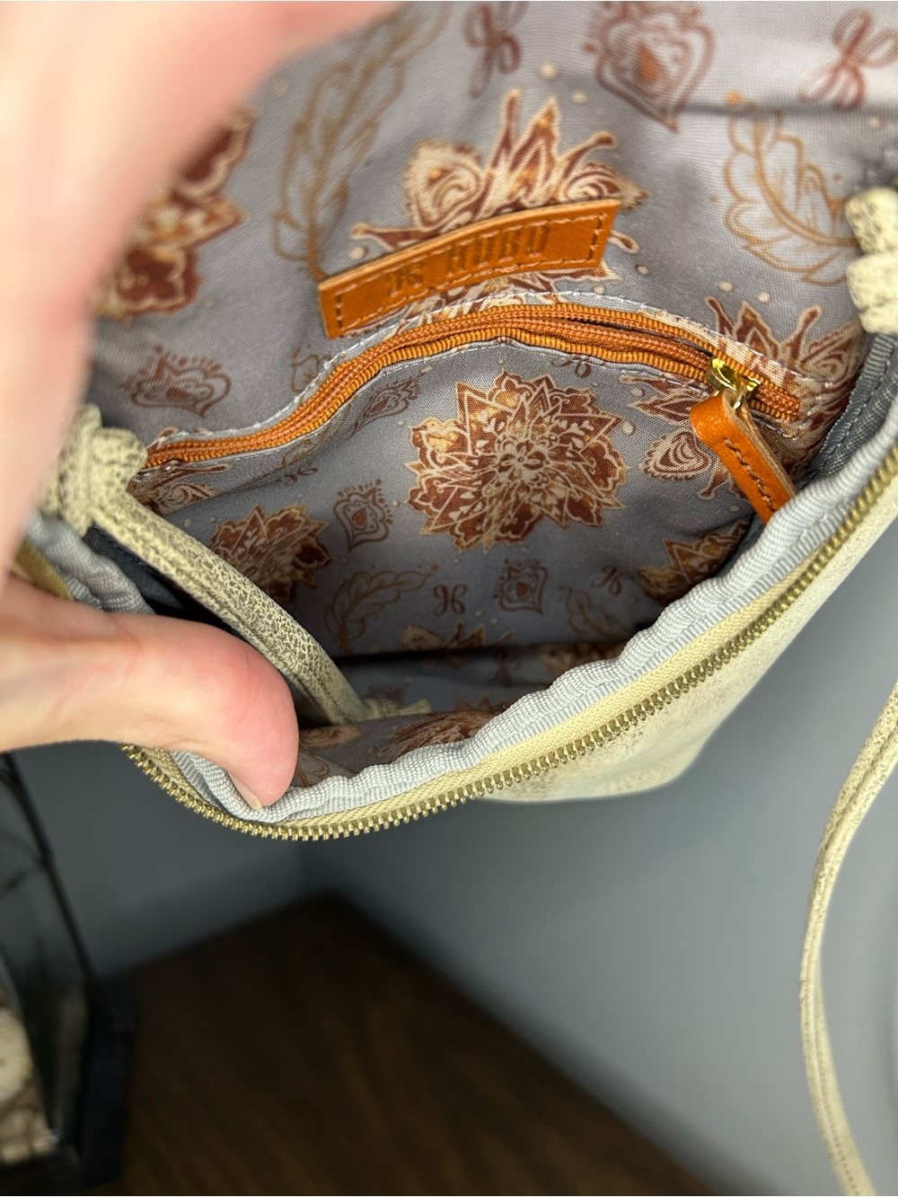 HOBO Fern Distressed Gold Leather Zip Flap Crossbody Bag - Picture 9 of 10